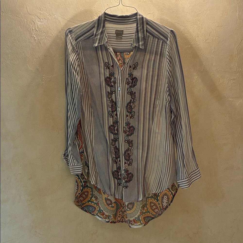 Chico's Striped Button-Down Shirt with Paisley Hem - Blue, White, Multicolor